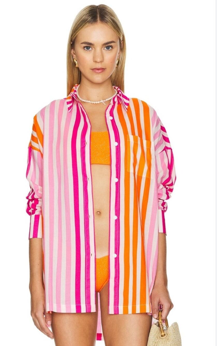 Beach Riot Alexa Sunset Stripe Button Down Swim Cover-Up Shirt Sz L Petite